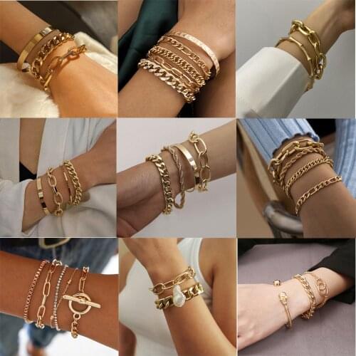Punk Curb Cuban Chain Bracelets Set for Women Multilayer Miami Boho Thick Gold Color Charm Bracelets Bangles Fashion Jewelry