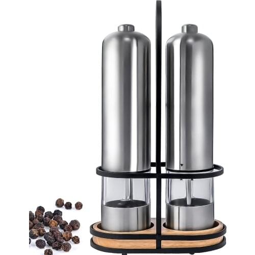 8in Salt Pepper Mill Electric Stainless Steel Spice Pepper Mill Battery Powered with Light and Stand Home Kitchen Cooking Tool