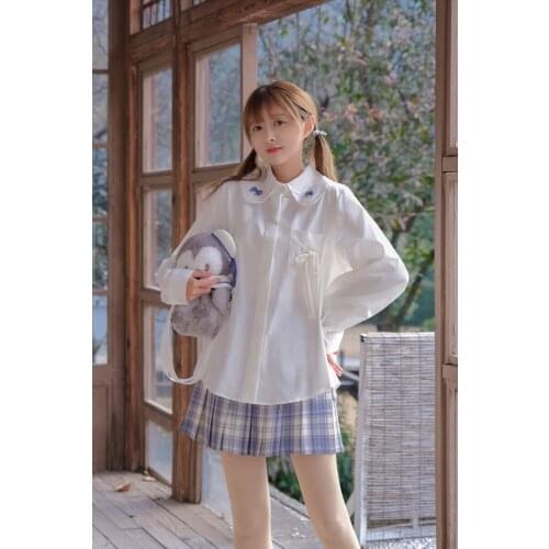 OLOMLB Cute Japanese Style Loose Bow Tie Shirt Womens Jk Preppy Style Clothing Girls Summer All-Match Soft Sweet Blouse Female