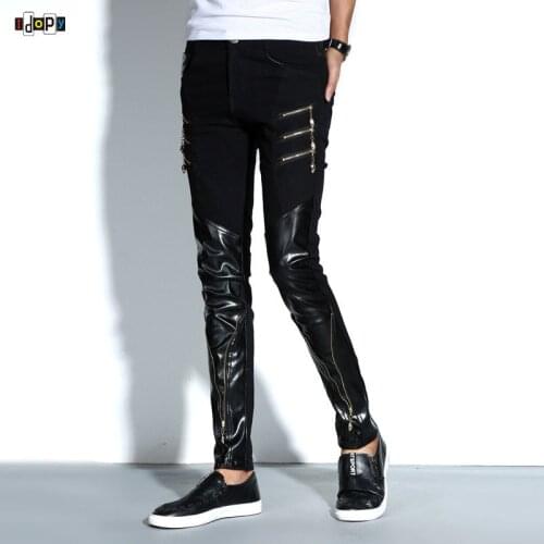 Fashion Mens Night Club DJ Pants Skinny Patchwork PU Leather Pants With Zippers Punk Style Black Trousers For Men
