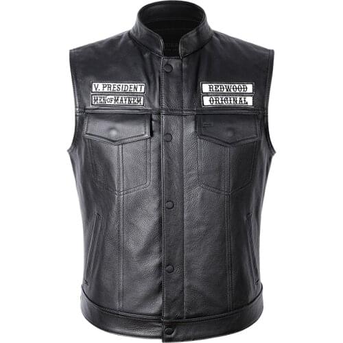 SOA Motorcycle Biker Leather Vest Mens Genuine Leather Sleeveless Jackets Multi Embroidered cloth Patch Thick Cowhide Waistcoat