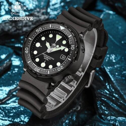 Addies Dive Mens Diver Watch Black tuna Case Sapphire Ceramic bezel 300m Water Resistance NH35A Luminous Dial Automatic Watches