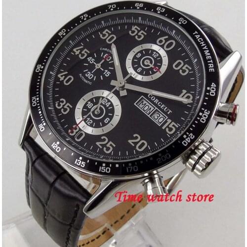 Corgeut 44mm Automatic men wristwatch week date display calendar Multifunction Black dial leather strap Hangzhou 2350 movement