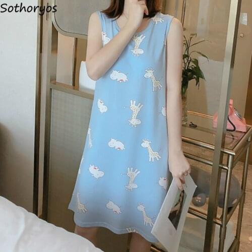 Nightgowns Women Summer Sleeveless Printed Knee-length O-neck Fashion Korean Style Comfortable Fit Homewear Colorful Chic Cute