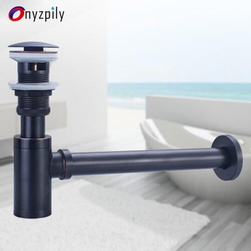 Onyzpily Bathroom Pop Up Drain Vanity Basin Pipe Pop Up Drain Bottle Trap Brass Round Siphon Black Gold P-TRAP Para Bathroom Sin