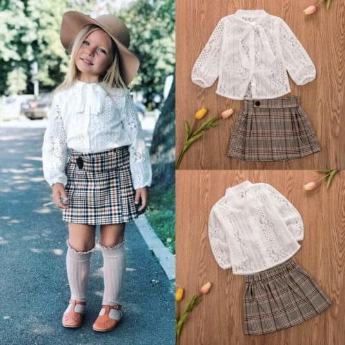 Autumn Kids Baby Girls Clothes Long Sleeve Lace Hollow Bowtie Shirt+Plaid Mini Skirts Casual Suits Student Girls Clothing Sets