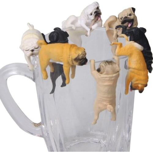 Realistic Mini Pug Dog Figurine Hanging on Cup Rim DIY Fairy Garden Accessory