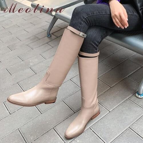 Meotina Women Shoes Knee High Boots Genuine Leather Thick Low Heel Riding Boots Buckle Ladies Boots Autumn Winter Brown Balck 40