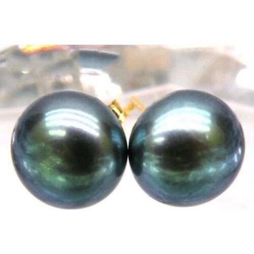 Free shipping 9.5-10mm AAA+++ perfect bread peacock green south sea pearl stud earring 14K/20 gift