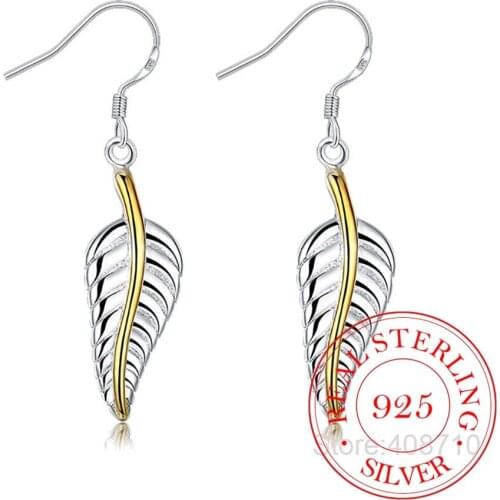 925 Sterling Silver Gold Leaf Drop Earrings Brincos For Women Wedding Fine Jewelry Gift Accessories Pendientes