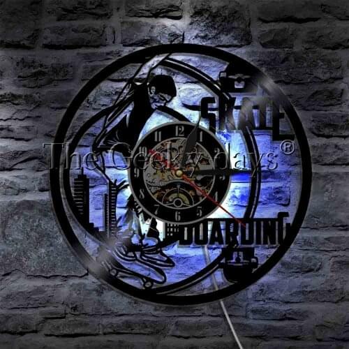 Skateboarder Popular Extreme Sports Vinyl Record Wall Clock LED Night Lamp Figure Skate Boy Home Decor Modern Wall Lamp