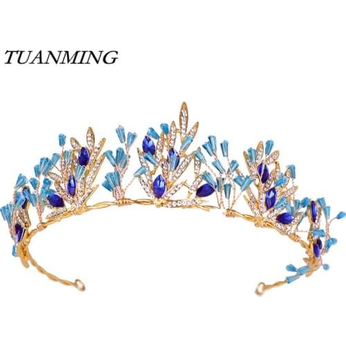 Wedding Tiaras Crowns Princess Hairbands Blue Forest Design Luxury Crystal Hair Accessories For Women Bridal Gold-color Jewelry