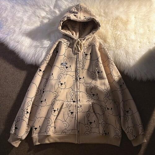 New Spring Harajuku Cartoon Bear Print Zip Up Hoodie Warm Fleece Loose Streetwear Women Kawaii Casual Hooded Pockets Sweatshirt