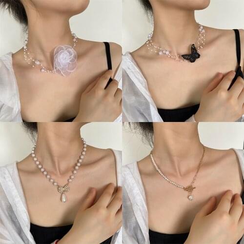 High Quality Artifical Flower Butterfly Natural Pearl Stone Pendant Necklace Fashion Accessories Jewlelry Gifts