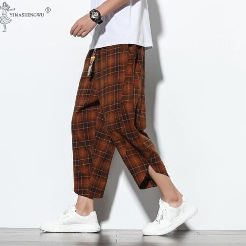 Japan Kimono Yukata Plaid Pants Men Casual Loose Thin Print Pants Japanese Kimono Traditional Pants Haori Pants Asian Costume