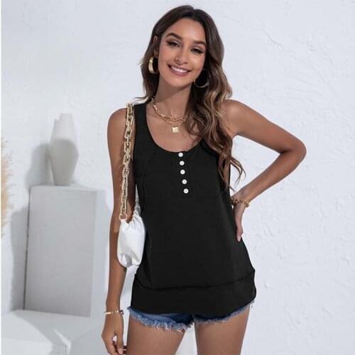 2021 Summer New Solid Color O Neck Sleeveless Vest T Shirt Women Button Casual Streetwear Tank Tops Female Plus Size Tee Shirts