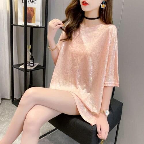 Ice Silk Loose Short-sleeved Pink T-shirt 2021 Summer New Korean Fashion Printing Bright Half-sleeved Top Woman Tshirts