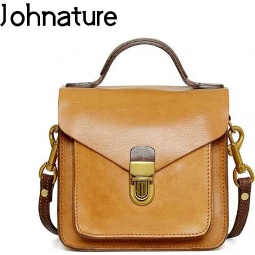 Johnature Vintage Small Messenger Bag 2021 New Genuine Leather Women Luxury Handbag Leisure Versatile Cowhide Shoulder Bags