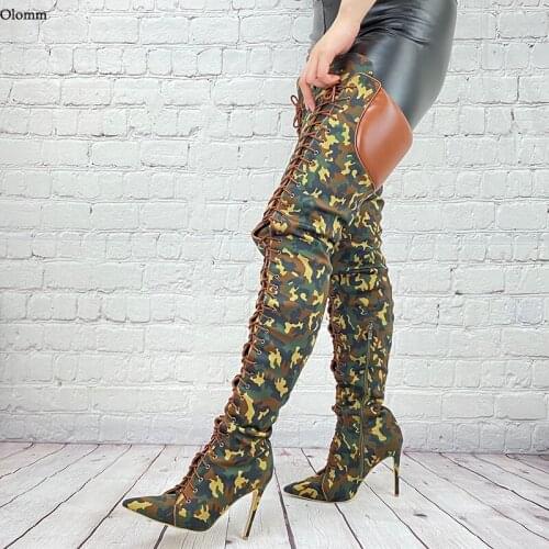 Olomm 2021 Women Winter Thigh Boots Sexy Stiletto High Heels Pointed Toe Camouflage Party Shoes Women Plus US Size 5-15