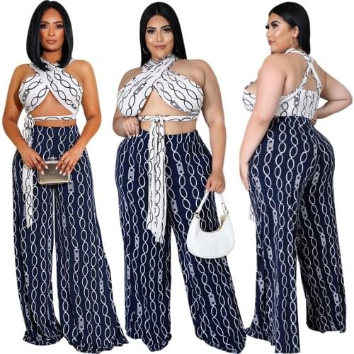Plus Size Colthing Women Printing Two Piece Sets New Arrivals Halter Lace-up Backless Tops High Waist Loose Pants Clubwear Suits
