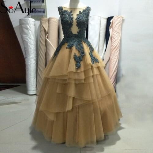 SoAyle Ball Gown Prom Dresses Longo Lace Applique Beading Backless Robe De Soiree Ruffles Gorgeous Evening Gowns
