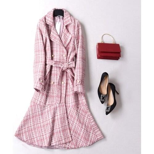 Splicing Lattice Cashmere Overcoat Invierno Remperament Womens Fashion Casual Mid-length Abrigos Winter woolen Coat Female A889