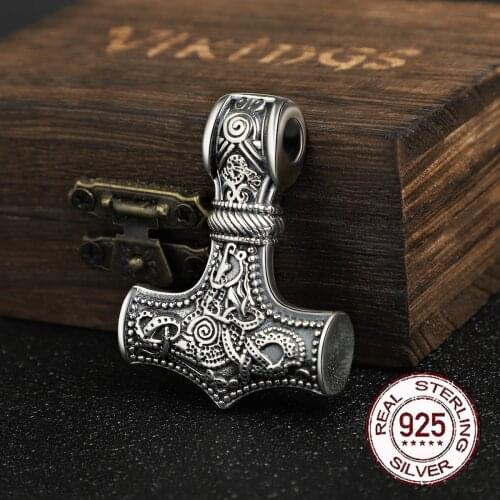 S925 Sterling Silver norse Viking thors hammer mjolnir pendant necklace with leather chain wood box as gift Dropshipping