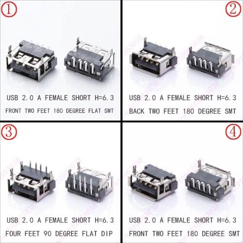10PCS USB 2.0 AF connector (short body)4pin USB jack 4feet DIP 90degree FLAT DIP H=6.3