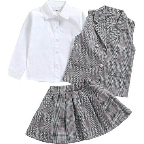 3Pc Kid Cotton School Suit Lapel Long Sleeve Shirt Matching Plaid Suit Waistcoat Pleated Skirt for Baby Girl 2-7 Years