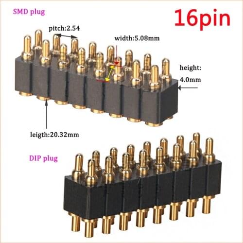 5pcs SMD/DIP Spring Loaded Pogo Pin Connector 16 Pin PCB Through Holes Dual Row 2.54 mm Pitch 2x8 Position Gold