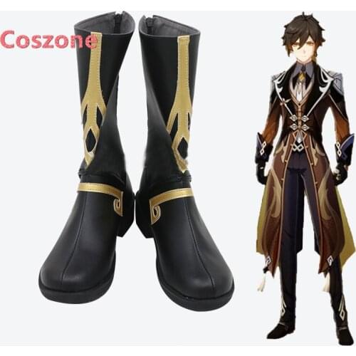 Genshin Impact Zhongli Black Cosplay Shoes Boots Halloween Carnival Costume Accessory Prop