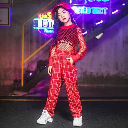 Gilrs Hip Hop Costumes Jazz Dance Performance Clothing Red Set Net Top Loose Hip Hop Pants Kids Show Street Clothes Wear VDB2226