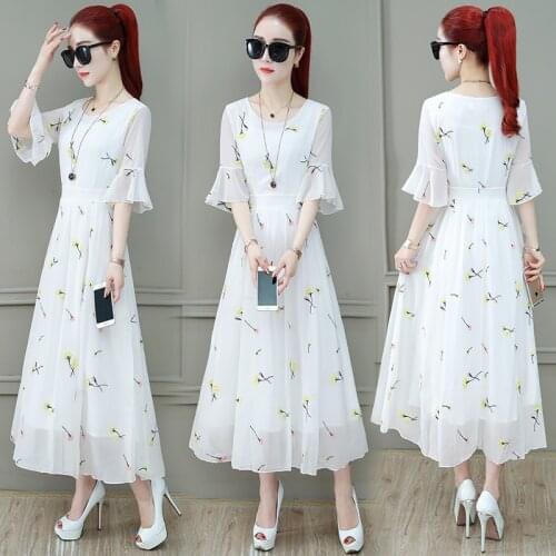 Summer Floral Print Half Trumpet Sleeve O-Neck Ankle-Length A-Line Yellow Red Plus Size Chiffon Party Cocktail Dress 9739