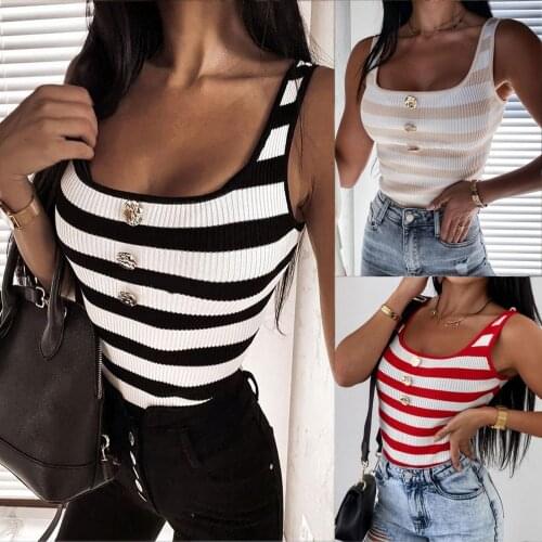 Womens Button Front Tank Tops Sexy Sleeveless Striped Print Color Block Rib Knit T-Shirts For Casual Party Cocktail Beach