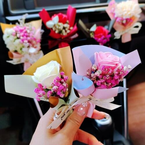 Mini Rose Bouquet Car Air Vent Clip Creative Dried Flowers Mini Bouquet Car Perfume Air Freshener Gypsophila Carnation Ornament