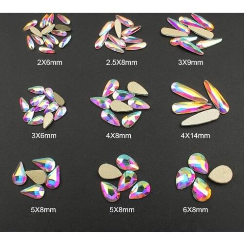 Fashion Crystals AB 30pcs/lot 3D Nail Art Long Water Drop Fancy Shaped Colorful Glass Stones For 3D Nails Art Decorations