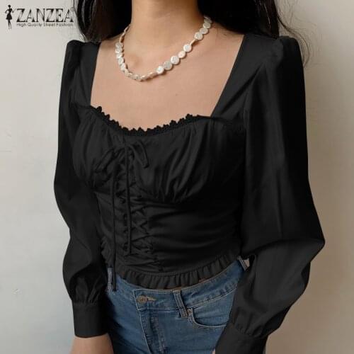 ZANZEA 2021 Fashion Square Neck Tops Womens Lace Up Blouses Pleated Long Sleeve Blusas Female Stitching Lace Chemise