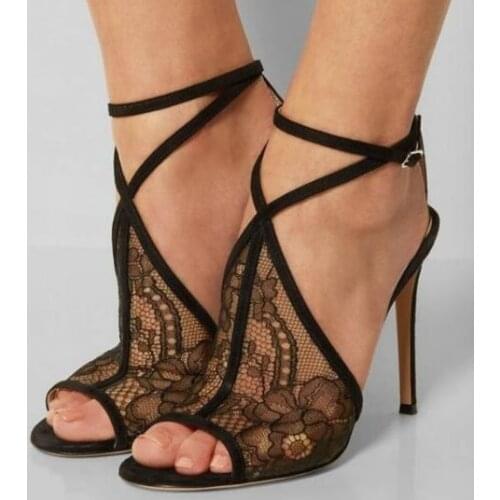Sexy Black Lace Mesh Sandals Women Peep Toe Cross-tied Gladiator Heels Sandals Women Dress Shoes 2019 Summer Banquet Sandals