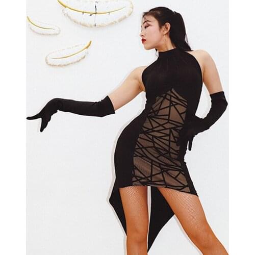 Sexy Latin Dance Dress Women Practice Clothes Black Mesh Slit Skirt Cha Cha Rumba Samba Costume Latin Competition Dress BL5248