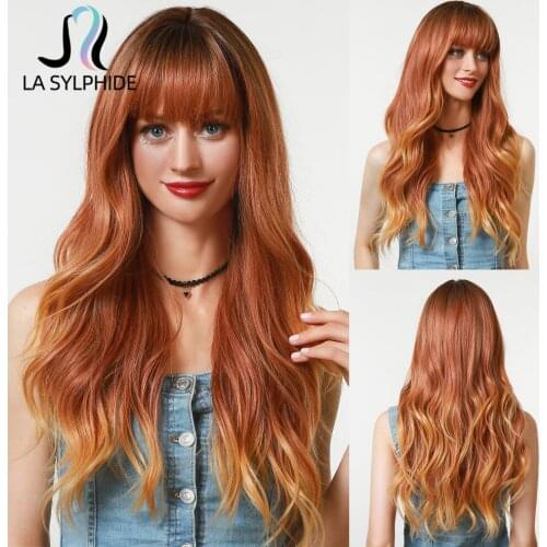 La Sylphide Synthetic Cosplay Wig Long Wave Ombre Orange Synthetic Hair Wigs with Bangs for Woman Heat Resistant Fiber Wig Party