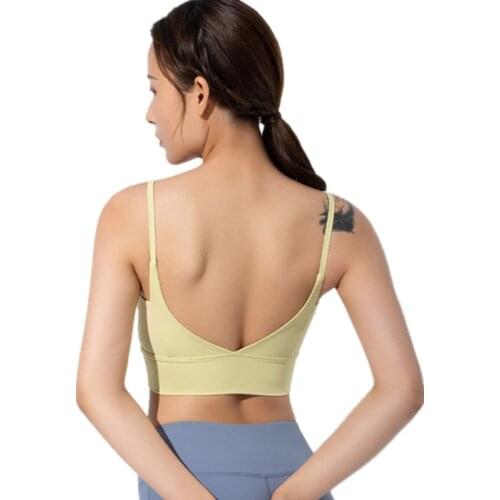 Sports Bra Women Sexy Arc Neckline Thin Shoulder Straps Gym Training Yoga Vest Beauty Back Deep V Running Quick Dry Fitness Bra