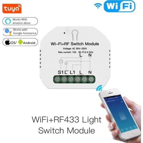 Smart Home Mini DIY WiFi RF433 Smart Relay Switch Module Smart Life/Tuya App Control, Work with Alexa Google Home 1Gang1/2 Way
