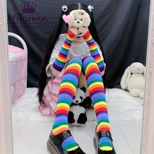 Japanese Harajuku Girls Cute Rainbow Striped Knitted Socks Gothic Kawaii Lolita Knee High Long Socks With Gloves Cosplay Costume