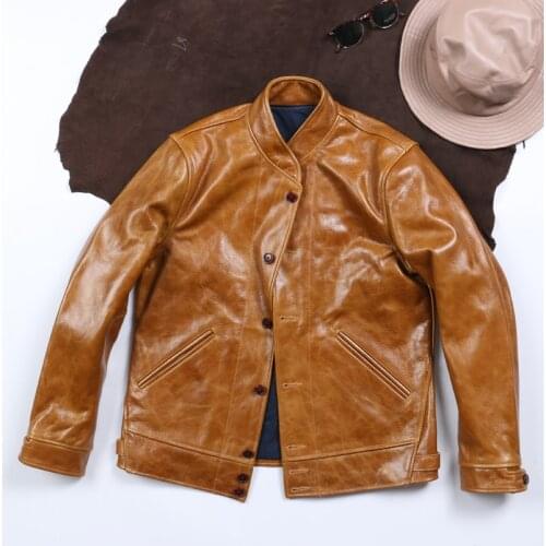 YR!Free shipping.sales.quality japanese style.Classic casual oil wax cowhide jacket.men vintage brown leather clothes