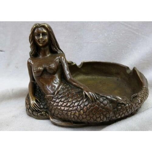 China brass carved beautiful sculpture sea-maid mermaid ashtray Statue
