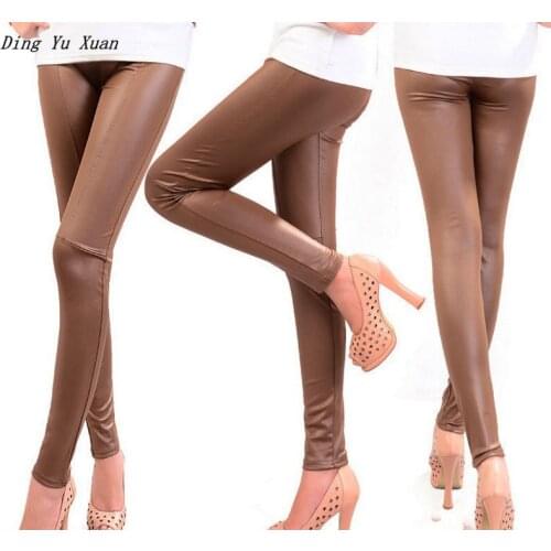 Womens Black Khaki Brown Stretch Leather Leggings Push Up Femme Quality Pu Leather Leging Women Casual Skinny Leggin Pants Mujer