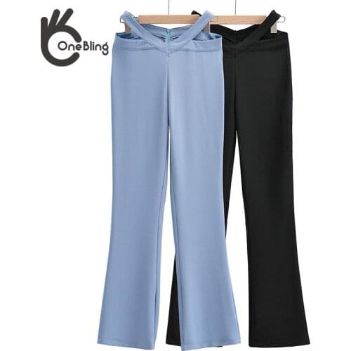 OneBling Za Woman 2021 Long Pants Summer Autumn Chic Cut Out V-Shape High Waist Full Length Casual Straight Pants Female Traf