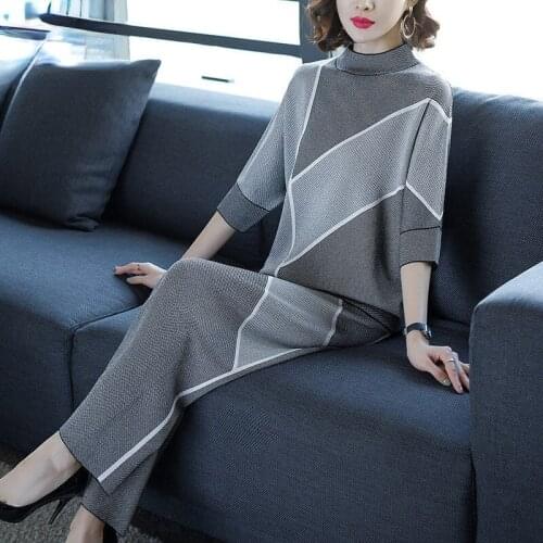 2021 2 Pieces Sets Women Knitted Tracksuit Turtleneck Sweater + wide leg Pants Pullover Sweater Set CHIC Knitted Outerwear X575