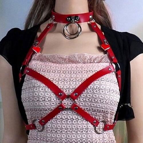 Red Harness Leather Women Strap Lingerie Hollow Out Body Caged Sexy Punk Goth Crop Top Bralette Cosplay Clothing Rave Wear Women
