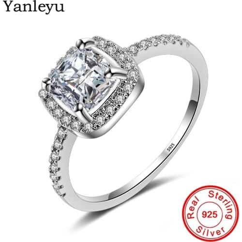 Yanleyu Fashion Female Square Geometry AAA Zircon Wedding Ring 100% Real 925 Sterling Silver Engagement Ring Party Jewelry PR324